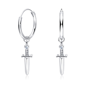 Sword with CZ Crystal Silver Hoop Earring HO-2532